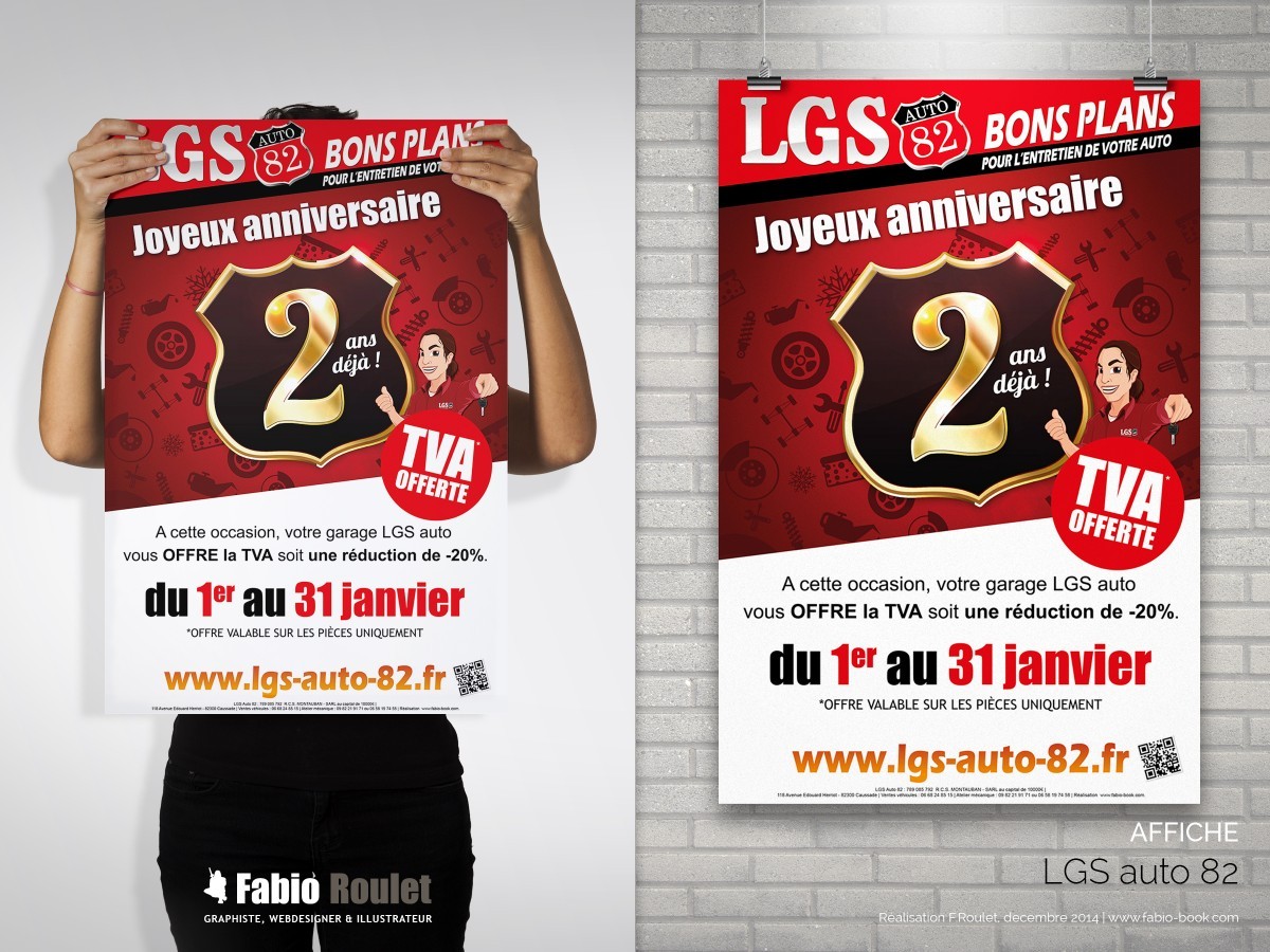 Affiche : LGS auto 82 Flyer promotion pour les 2 ans du garage LGS auto à Caussade